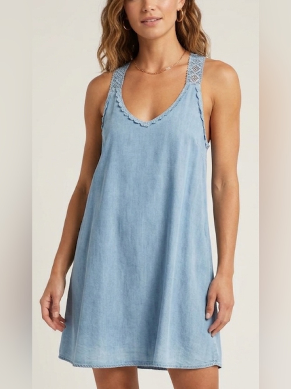 Umgee Light Blue Chambray Mini Dress with Lace Straps